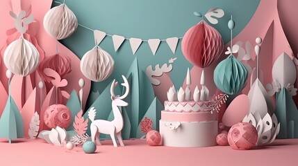 3d paper cut invitation card paper cut style for happy birthday party  illustration.