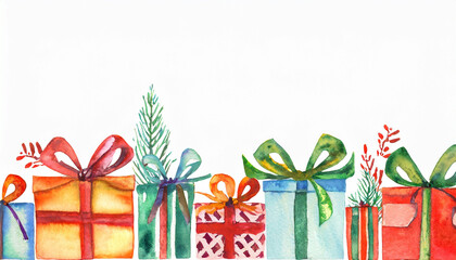 Fototapeta premium Vintage Christmas presents watercolor border with copy space 