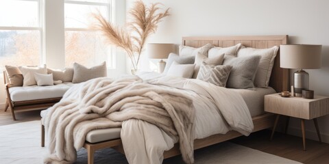 a cozy and inviting guest bedroom with a plush bed, soft bedding, and warm lighting. AI Generative