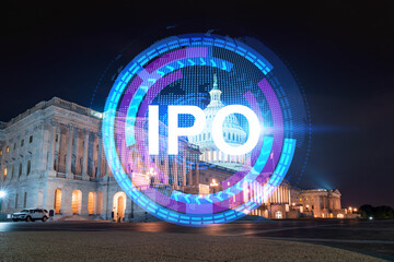 Obraz premium Skyscrapers Cityscape Downtown View, Washington Skyline Buildings. Beautiful Real Estate. Night time. IPO hologram. Business education initial primary offering concept.