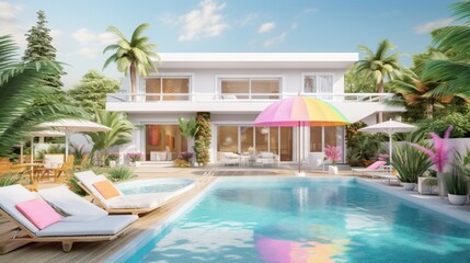 Fototapeta na wymiar residence or home Tropical pool with lush garden, sunbed, umbrella, pool towels, and vibrant floating unicorn