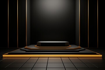 Empty black and gold podium luxury background on black carpet background, product display template