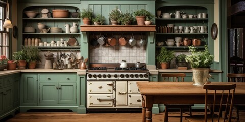 a cozy and rustic kitchen with a farmhouse sink, wooden cabinets, and a vintage-inspired stove. AI Generative
