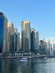 Dubai Marina in Dubai, UAE. View of the skyscrapers and the canal.