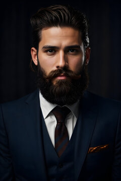 Portrait of handsome bearded man in black suit. Men's beauty, fashion.