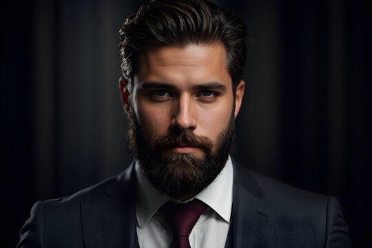 Portrait of handsome bearded man in black suit. Men's beauty, fashion.