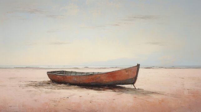 Oil painting seascape with old wooden boat on the beach. 