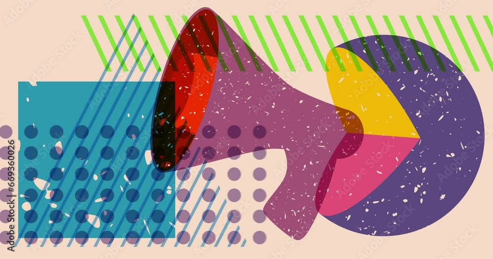 Aufkleber risograph megaphone with geometric shapes animation. moving object in trendy riso graph style video.