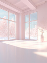 A big empty white room, with a white floor, two big windows, and one white plant in a pot in the room. From the windows is a visible winter landscape, with snow on the ground and on the trees.