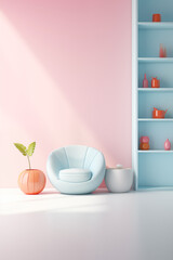 Fototapeta na wymiar A pastel blue armchair is placed in front of a pink wall, next to the orange flower pot, a small white modern-style table, and a cupboard with shelves. On the shelves, are pink and orange decorations.