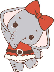 Christmas Elephant with Red Bow Cartoon Animal Doodle Hand Drawing