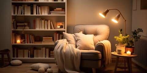 a cozy reading nook with a plush armchair, a floor lamp, and a built-in bookshelf. AI Generative