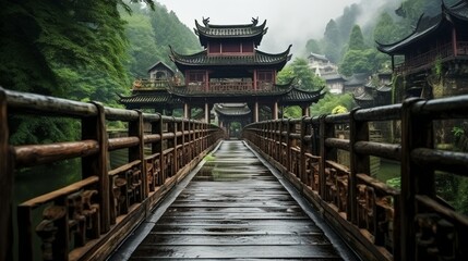 Horizontal shot of an old, ornate wooden bridge over a river