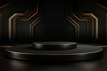 Empty black and gold podium luxury background on black carpet background, product display template