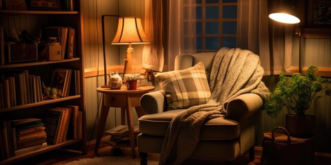 Obraz na płótnie Canvas a cozy reading nook with a plush armchair, a floor lamp, and a built-in bookshelf. AI Generative