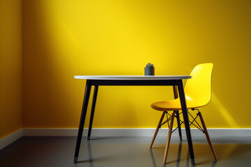 Interior of modern living room with yellow wall, table and chair