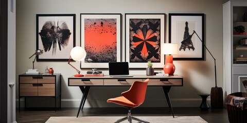 a home office with a mid-century modern desk, a gallery wall of black and white photography, and a statement light fixture. AI Generative