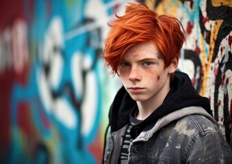 A freckled boy with fiery red hair, standing against a vibrant graffiti-covered wall