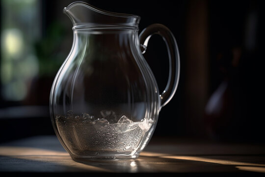 Glass jug on a wooden table on a dark background. Side view.