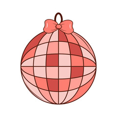 Disco ball with bow.Groovy retro cartoon lovely heart sticker, patch. Valentines Day. For poster, card, print. Trendy retro 60s 70s style. Red, pink colors. Vector
