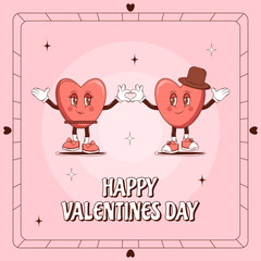 Retro lovely cartoon heart poster. Groovy couple in love Characters hearts. Happy Valentines Day. Trendy retro 60s 70s style. Flyer, card, print. Red, pink colors. Vector