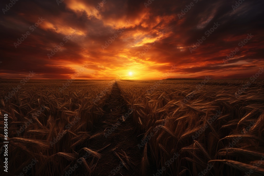 Poster Sunset over wheat field. Nature composition. 3D render, sunset over the field, AI Generated