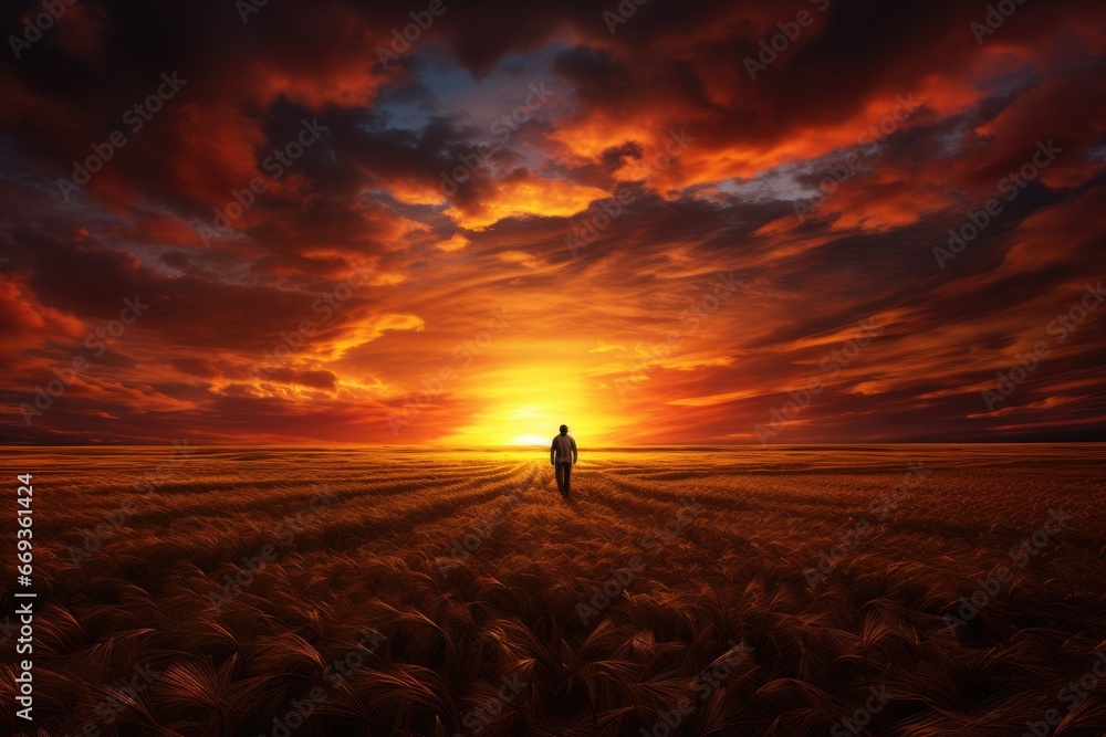 Poster Man walking on wheat field at sunset. 3d render illustration, sunset over the field, AI Generated