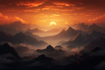Fantasy landscape with mountains and clouds at sunset. 3d illustration, sunrise over the mountains, AI Generated
