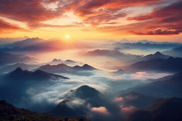 Fototapeta premium Beautiful sunrise in the mountains with fog and sun. Nature background, sunrise over the mountains, AI Generated