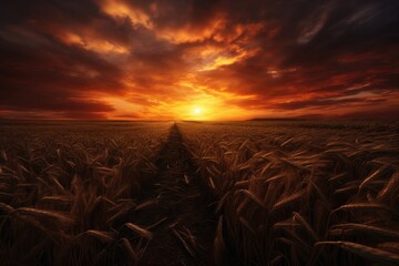 Sunset over wheat field. Nature composition. 3D render, sunset over the field, AI Generated