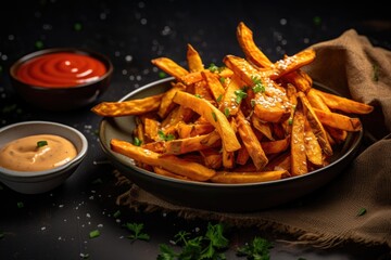 Fried sweet potato fries with ketchup, mustard and parsley, Sweet potato fries with mayo and ketchup, AI Generated - obrazy, fototapety, plakaty