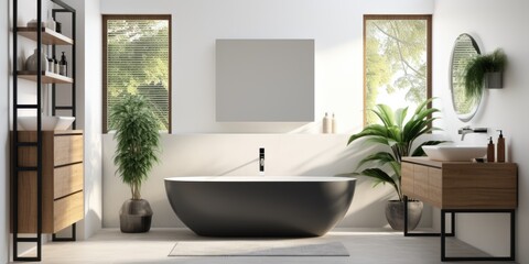 Fototapeta na wymiar a minimalist and serene bathroom with a floating vanity, a freestanding bathtub, and a rain shower. AI Generative