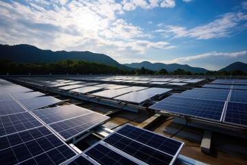 Solar energy panels on the roof of a building in South Korea, Tendency to take advantage of the free roofs of the industries to place photovoltaic panels to reduce business electricity, AI Generated