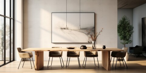 a minimalist dining room with a simple wooden table and modern chairs. AI Generative