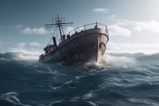 Shipwreck on the sea in stormy weather. 3d rendering