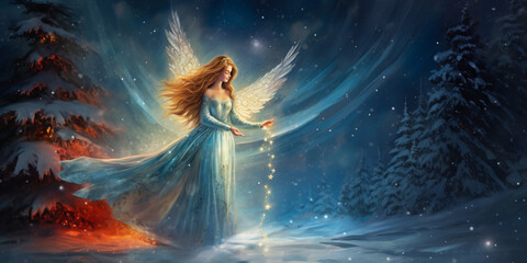 
Beautiful angel near the Christmas tree on snow starry night sky Angel with flowers in her hair and wings on a dark.AI Generative 