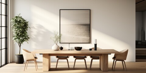 a minimalist dining room with a simple wooden table and modern chairs. AI Generative