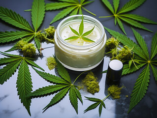 Obraz na płótnie Canvas Natural cosmetics hemp cream with marijuana leaves and seeds - current concept of cannabis oil. 