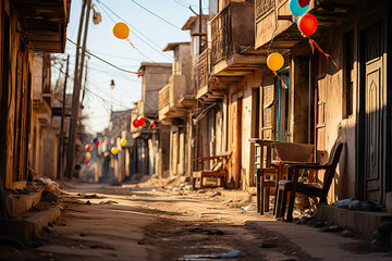 an empty street with balloons in the air and debris scattered on the ground next to the building's...