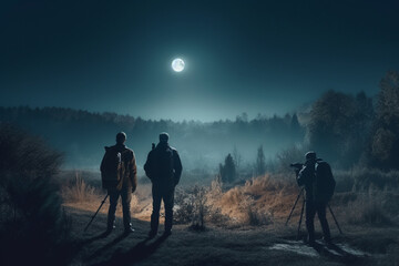 Silhouettes of photographers on a foggy meadow at night - obrazy, fototapety, plakaty