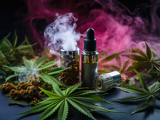 Cannabis liquid. Vape CBD or THC, marijuana and hemp.  - obrazy, fototapety, plakaty