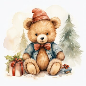Watercolor Teddy Bear with Gifts