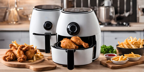 Air fryer cooking machine and french fries, fried chicken on table in the bright kitchen.