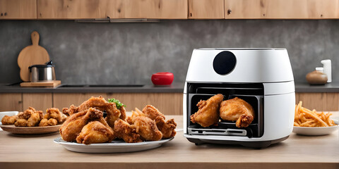 Air fryer cooking machine and french fries, fried chicken on table in the bright kitchen.