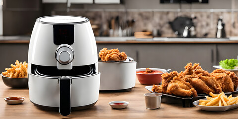 Fototapeta na wymiar Air fryer cooking machine and french fries, fried chicken on table in the bright kitchen.