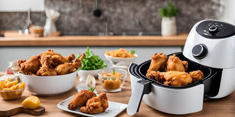 Air fryer cooking machine and french fries, fried chicken on table in the bright kitchen. - obrazy, fototapety, plakaty