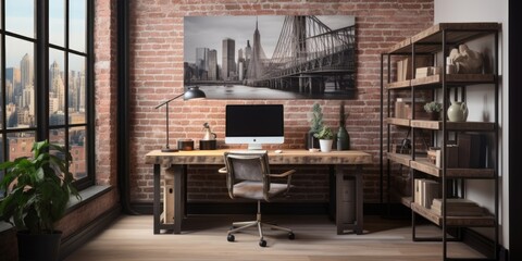 Fototapeta na wymiar a industrial-style home office with a reclaimed wood desk, a metal bookshelf, and an exposed brick wall. AI Generative