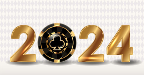Happy 2024 new year with casino xmas poker clubs chip. vector illustration