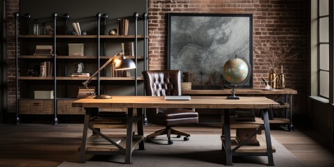 a industrial-style home office with a reclaimed wood desk, a metal bookshelf, and an exposed brick...