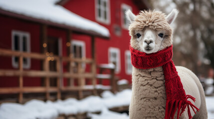 Alpaca wearing a red knitted scarves for christmas decoration background